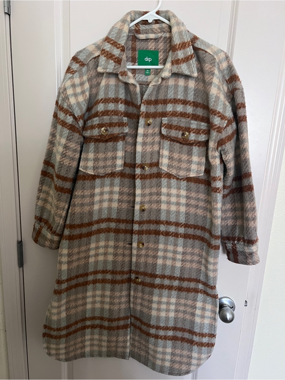 dip Plaid Long Peacoat in Brown and Cream